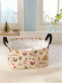 1pc Christmas Santa Claus & Christmas Tree Print Storage Basket, Open-Top Storage Box With Handle, Multi-Purpose Storage Basket For Daily Organizing, Home, Clothing, Socks, Suitable For Living Room, Bedroom, Room Organization - Multicolor - View 7