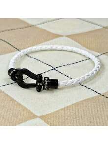 1pc Fashionable Minimalist U-Shaped Micro-Inlaid Half-Brick Magnetic Buckle Braided Leather Bracelet, Unisex Daily Wear, Holiday Gift