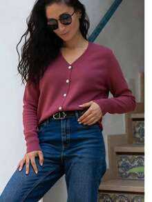 GIGOGOU Women's Solid Color Button Front Long Sleeve Casual Top, Everyday Wear - Burgundy - View 4