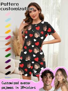 Customized Women's Pajama Set, Unique Big Head Photo, Couple Face Replacement, Holiday Atmosphere,Roupa Reveillon - Black - View 1