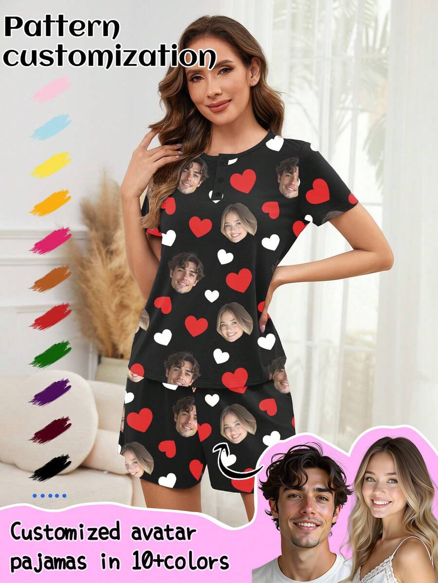 Customized Women's Pajama Set, Unique Big Head Photo, Couple Face Replacement, Holiday Atmosphere,Roupa Reveillon - Black - View 1