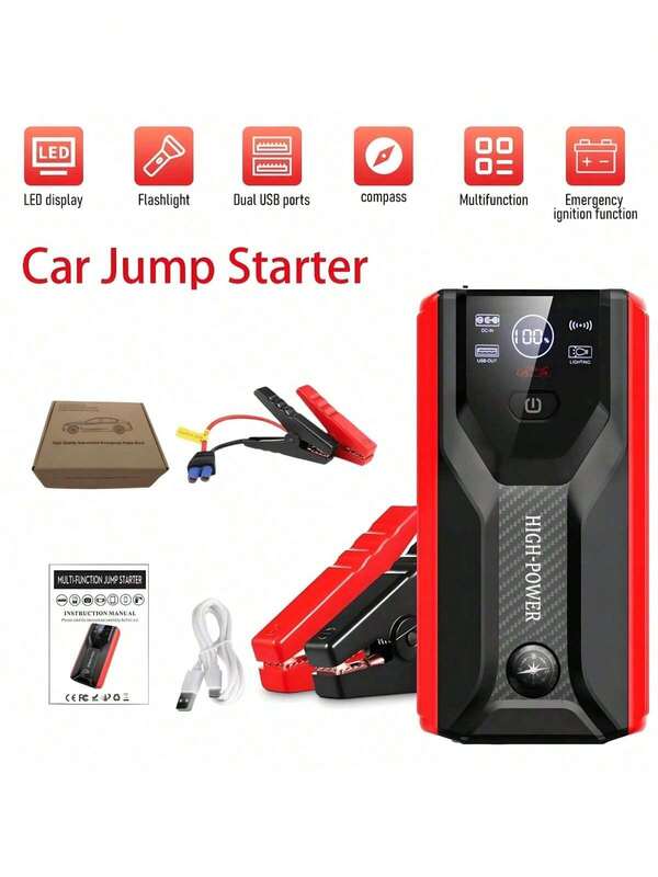 1pc 4USB 28000mAh Car Battery Jump Starter Portable Booster Jumper Box Power Bank Battery Charger, Emergency Power Supply For Cell Phone Car Motorcycle Yacht And Outdoor Activities Emergency Charger With Flashlight Compass
