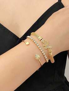 3pcs Luxury Simple Personalized Rhinestone Butterfly & Heart Design Stacking Bangle Bracelet Set For Women, Elegant - 黃金 - 查看 3