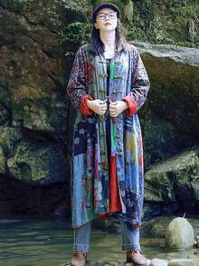 LUZU JUNU Women's Trench Coat Floral Print Long Cotton Linen Jacke Cottagecore Clothing Patchwork Outwear Bohemian Unique - 藍色 - 查看 7