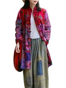LUZU JUNU Women's Trench Coat Floral Print Long Cotton Linen Jacke Cottagecore Clothing Patchwork Outwear Bohemian Unique - 玫瑰夾克 - 查看 1