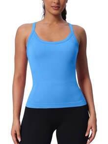 Athletic Tank Top For Women With Built In Bra, Sleeveless Gym Tops Seamless Racerback Workout Yoga Shirts - 藍色 - 查看 2