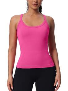 Camisetas sin mangas para entrenamiento MathCat para mujer con sujetador incorporado, camisetas sin mangas para gimnasio, camisetas deportivas para yoga con espalda cruzada sin costuras - Rosa melocotón - Ver 2