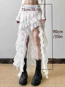 1 Peça Saia Assimétrica de Renda Retalhos com Babado Assimétrico na Barra, Roupas de Outono Preto e Branco para Mulheres - Multicolorido - Visão 7