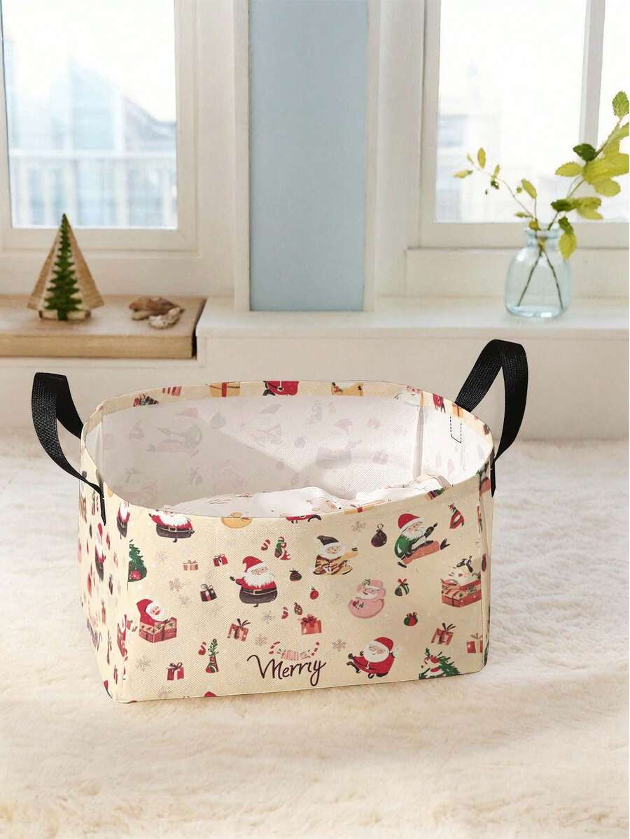 1pc Christmas Santa Claus & Christmas Tree Print Storage Basket, Open-Top Storage Box With Handle, Multi-Purpose Storage Basket For Daily Organizing, Home, Clothing, Socks, Suitable For Living Room, Bedroom, Room Organization - Multicolor - View 1