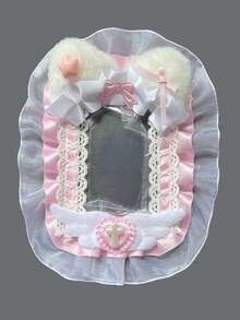 Portafoto in peluche fatto a mano con orecchie da coniglio bianco e rosa con pizzo, accessori kpop, forniture scolastiche, articoli per il ritorno a scuola