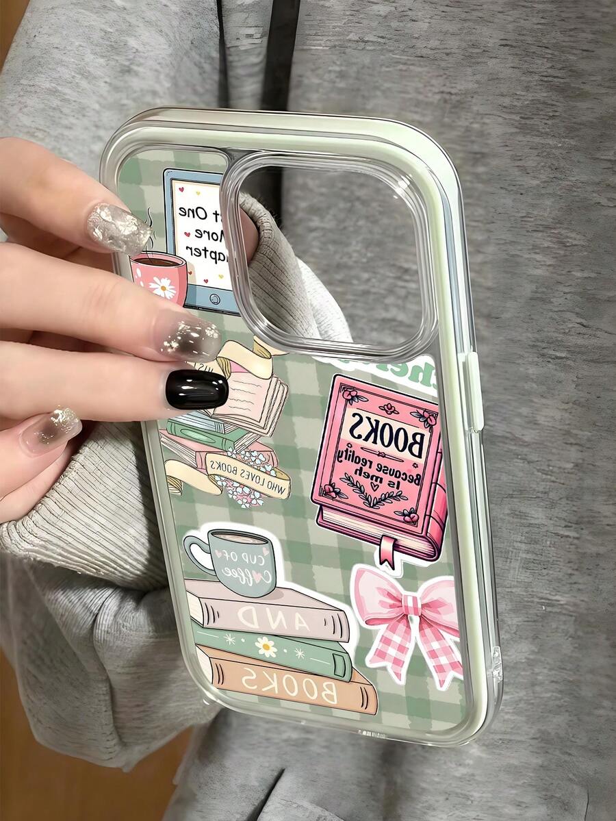 防震书架图案时尚手机壳,采用高品质多巴胺色系手绘书籍路标图案,适用于 15/16 Pro Max,创意苹果11/12/13/14 Pro防摔手机壳,春季礼物,生日派对佳品 - 彩色 - 查看 1