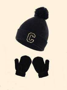 Bộ 3 món mũ và găng tay len dệt kim 26 chữ cái cho bé, mũ len mùa đông mềm mại cho bé trai và bé gái, có quả bông, găng tay cho trẻ sơ sinh, thích hợp cho bé mặc hàng ngày ngoài trời vào mùa thu/đông. - màu đen - Xem 9