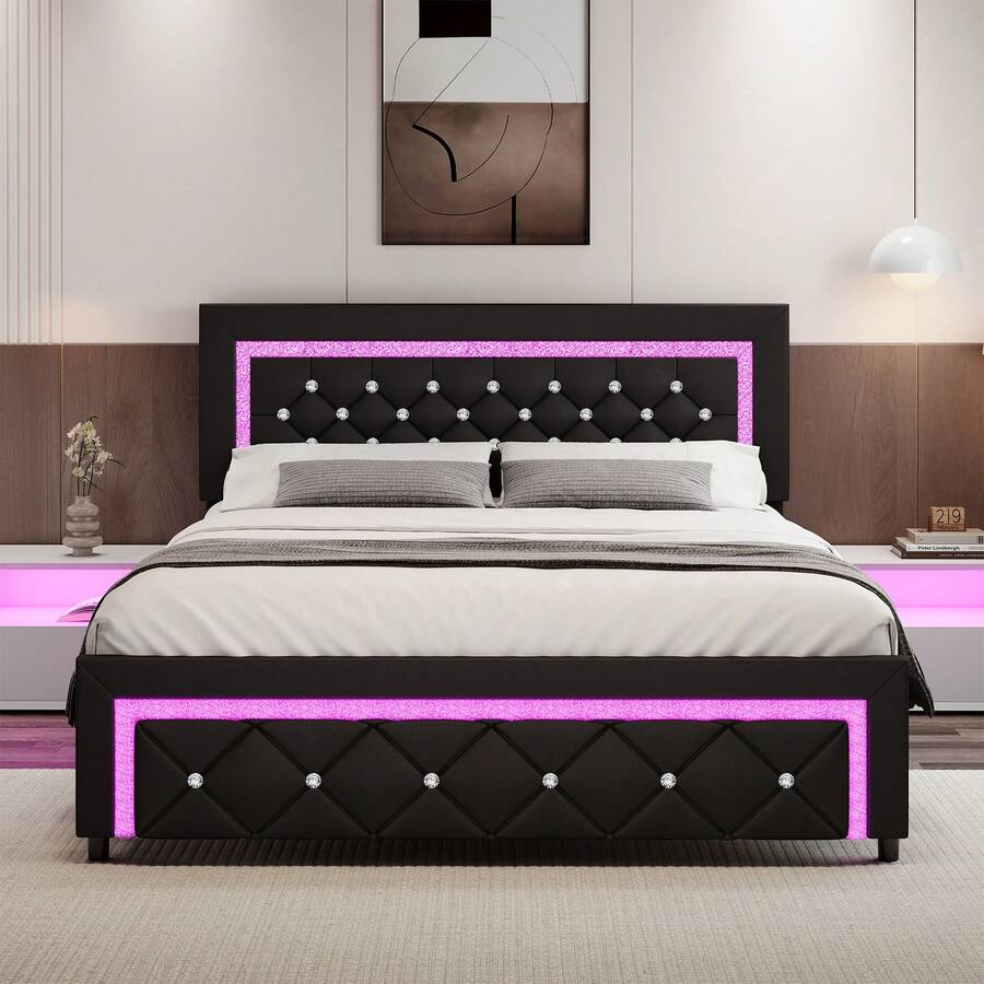 Twin/ Full/ Queen Size Bed Frame With LED Lights, Upholstered Platform Bed With Diamond Tufted Headboard, No Box Spring Needed, Noise Free, Easy Assembly, Black/ White/ Pink, Twin/ Full/ Queen - màu đen - Xem 1