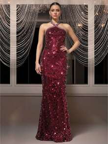 NIKBK Burgundy Halter-Neck Sequined Mermaid Gown, Fitted Long Dress With Rhinestone Trim, Shimmering Texture For Evening Parties. - Burgundy - View 2