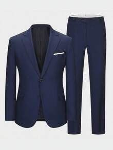Men's Suit, Men's Solid-Color 2-Piece Suit, Including A Slim-Fit Single-Breasted Solid-Color Suit Jacket + Dress Pants, Business Elegant And Casual, Suitable For Gifting, Daily Leisure, Business, Weddings, Dances, Work Commutes, And Other Occasions - Màu xanh hải quân - Xem 3