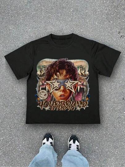 Bold - Graphic "Yourbrand Studio" Black T - Shirt,Casual Print,Comfortable And Versatile,Letter Pattern Pure Cotton  Printed T-Shirt