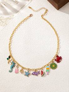 1pc New Elegant Design Seaside Resort Style Enamel Multi-Element Pendant Necklace For Women