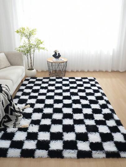 1pc Checkered Plush Carpet, Suitable For Living Room, Bedroom, Etc. Soft & Fluffy, Skin-Friendly, Machine Washable, Easy To Clean