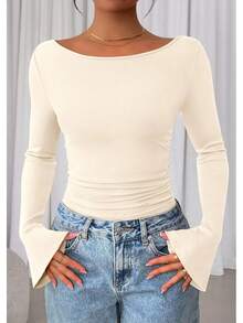 Womens Long Sleeve Shirts 2026 Spring Crop Going Out Tops Casual Boat Neck Sleeve Ribbed Ruched Y2K Clothes - 軍綠色 - 查看 8