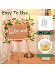 1pc 3 Meters Flower Garland String Lights, 2m Pink Flower Wreath Artificial Rose Garland For Wedding Arch Party Wall Garden Room Decor - Multicolor - View 8