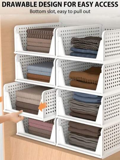 5pcs Foldable Wardrobe Storage Boxes, Stackable Storage Bins, Plastic Drawer Baskets, Suitable For Closet, Cabinet, Kitchen, Bathroom, Office, White - 5L