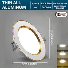 Kasotile 4 英寸可调光超薄 LED 嵌入式吸顶灯，3 种颜色可选 3000K/4000K/6000K，7W 650LM 可调光罐灯，挡板装饰适用于厨房、客厅、卧室、改造。（5/10 件装） - 彩色 - 查看 10