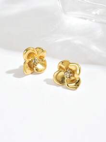 1 Pair Elegant Rhinestone Flower Stud Earrings, Classic Golden Floral Design Adds Charming Radiance To The Ears - Yellow Gold - View 4