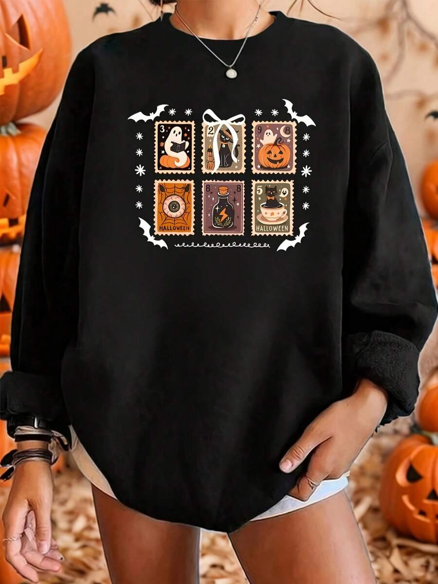 Women's Cute Pumpkin And Witch Hat Pattern Printed Sweatshirt - Cozy Fall/Winter Pullover, Long Sleeves, Crew Neck, Casual, Perfect For Halloween Party Outfits, Everyday Fall Fashion And Fall/Winter Outfits, Playful Design, Soft Fabric, Comfortable Material, Fashion Apparel