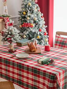 1pc Red & White Plaid Gold Line Square Tablecloth, Farmhouse Style Dining Table Cover, Polyester Material, Suitable For Kitchen, Dining Room And Christmas Decoration - Red and White - View 6
