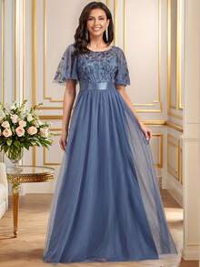 Fall Flutter Sleeve Floral Sequin Dress Mesh Contrast Prom Semi Formal Dress For Dinner Elegant Evening Dress Dusty Blue Wedding Guest Gown