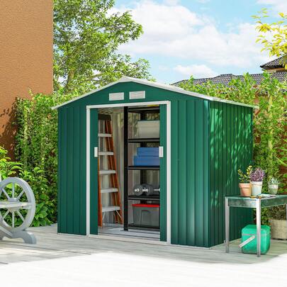  Outsunny 7 X 4ft Metal Garden Shed, Outdoor Storage Tool House With Ventilation Slots, Foundation Kit And Lockable Double Doors, Green