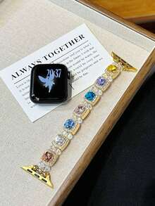 1pc Gemstone & Glitter Jewelry Crystal Diamond Encrusted Gold Metal Frame Watch Band, Compatible With Ultra3 2 1 SE S10 S9 S8 S7 S6 S5 S4 S3 S2 S1, Fashionable & Elegant, Suitable For 38mm 40mm 41mm 42mm 44mm 45mm 46mm 49mm Smart Watches Women