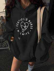 Funny Women's Round Neck T-Shirt Women'S Professional Nursing Care Theme Hooded Sweatshirt - Black With White Letter Print, Drawstring Casual Hooded Pullover With Pockets, FallWinter Women'S Cloth - Đen 10 - Xem 1