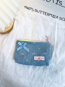 1 Piece Cute Square Coin Purse With Denim Bow Pattern Mini Lipstick Organizer Bag With Detachable Bow Pendant Portable Cosmetics Bag Soft Fabric Sanitary Napkin Organizer Bag Fashionable Clutch Pouch Wallet Small Items Storage Bag For Key, Earphone, Coin, Lipstick, Lip Oil, Card, Girls'Accessories College Vacation Cruise Summer Holiday Essentials Organizer Bag With Zipper Women's Makeup Storage Bag