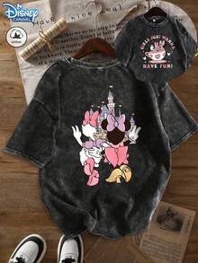 Disney EILL Cotton, Summer Women's Fun Print Hip-Hop " Castle Minnie And Daisy" Personalized Pattern Print Street , Korean Style Comfortable Retro Basic Fashion Commuting Versatile Y2k Clothing Women's Clothing, Suitable For Outdoor Leisure, Regular Niche Punk Style Black Well-Fitting Round Neck Short-Sleeved Washed T-Shirt