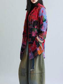 LUZU JUNU Women's Trench Coat Floral Print Long Cotton Linen Jacke Cottagecore Clothing Patchwork Outwear Bohemian Unique - 玫瑰夾克毛絨襯裡 - 查看 5