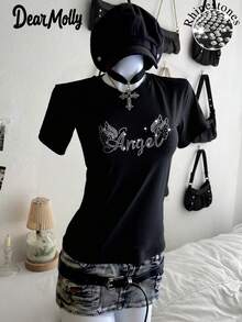 DEAR MOLLY Angel Rhinestone Graphic Women T-Shirt, Shiny Wing Pattern Top, Round Neck Short Sleeve Casual Wear - Black - View 2