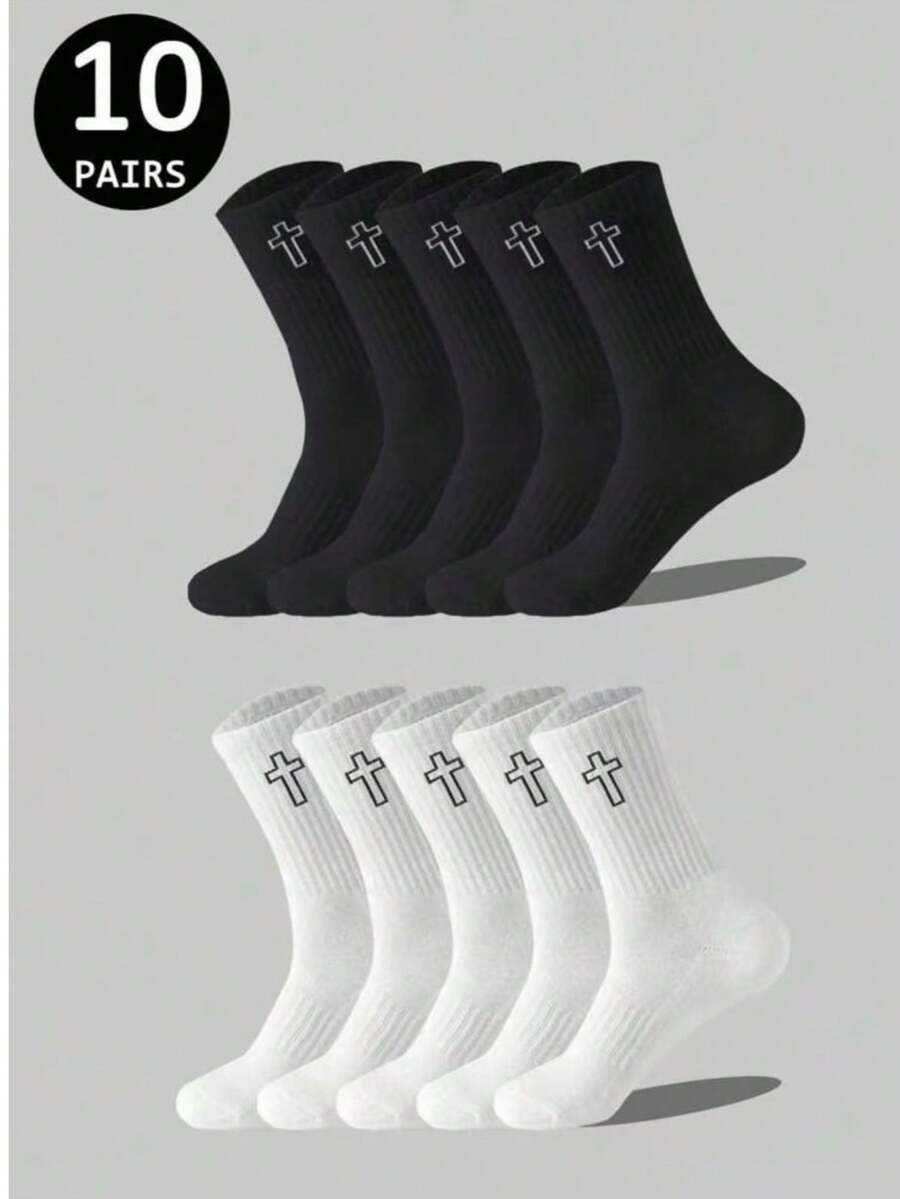 20/10/5/1 Pairs Men's Mid-Calf Socks, Soft Elastic Comfortable Breathable Socks, Suitable For Men And Women Daily Wear, Simple Comfortable Neutral Mid-Calf Socks, Unisex Cross Mid-Calf Socks