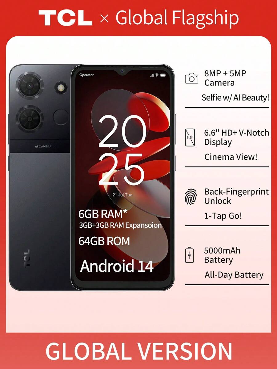 TCL Điện thoại thông minh mới 503, Unisoc SC9863A, CPU 8 nhân, Tần số chính 1,6Ghz, Mạng 4G, Bộ nhớ 3+64GB, 6,6 inch, Độ phân giải 720*1612, Màn hình 60Hz, Camera 8MP+5 MP, 5000mAh, Sạc 10W