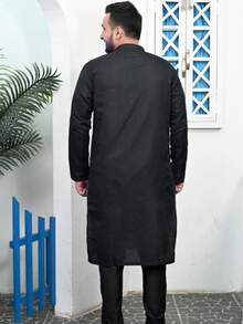 Estationeryhouse Men's Kurta Pyjama In Raw Silk Jacquard Work (Comes With White Pajama) - Black - View 3