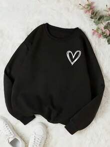Sudadera negra con estampado de corazón minimalista, moderna y versátil - Negro - Ver 1