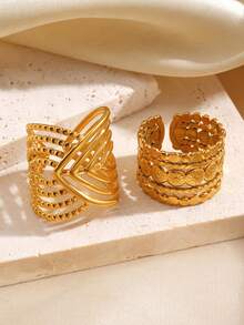 2pcs Stainless Steel Minimalist Geometric Line Open Ring Set, Fashionable Everyday Jewelry For Women - Multicolor - View 6