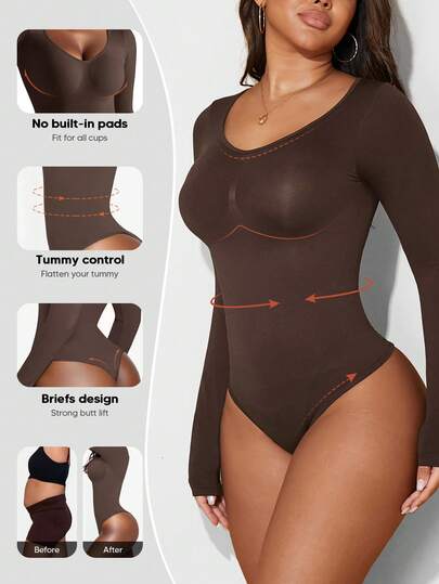 Bodysuit für Damen, gerippter Langarm-Taillenkontroll-Oberteil-Bodysuit