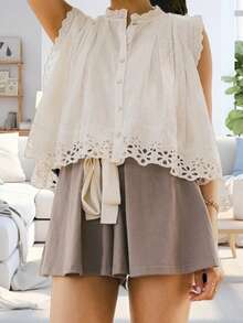 Women's Summer Button Down Blouses Casual Stylish Solid Eyelets Trim Loose Fit Sleeveless Tops - trắng - Xem 4