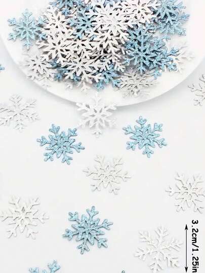 100 件闪光银色和蓝色雪花纸屑，圣诞节和新年装饰，冬季婚礼和生日派对用品，冰雪主题节日桌面散落装饰