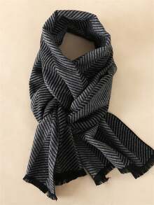 1 件经典条纹和格子印花保暖厚围巾，男女通用时尚休闲情侣围脖，适合日常穿着，秋冬 - 灰色 - 查看 2