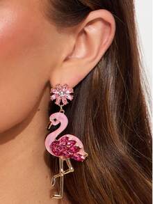 1 paire de boucles d'oreilles style flamant rose rose européenne et américaine avec fleur en cristal pendante, boucle d'oreille pour femmes, boucles d'oreilles en cristal multicolores scintillantes, convient pour les sorties quotidiennes des femmes