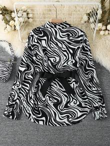 女士斑马纹二合一长袖衬衫 黑色 春季 - 黑色 - 查看 2