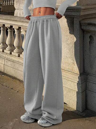 Pantalon de survêtement ample et décontracté de couleur unie avec taille élastique