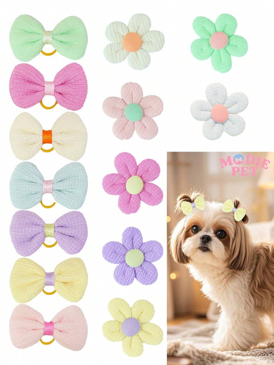 7/14/28件花朵蝴蝶结形小发圈，可爱宠物猫狗毛发美容配件，宠物温馨礼物